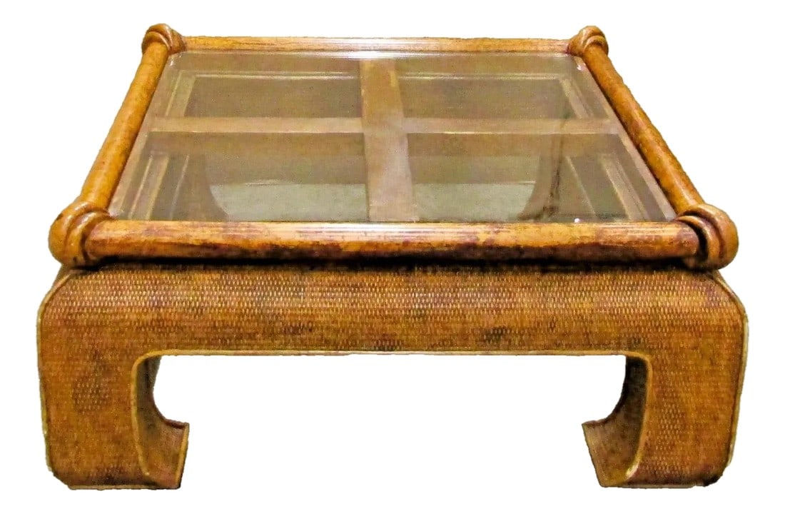 1950s Vintage Large Square Coastal Cane, Rattan and Wood Coffee Table With Glass Top (1 of 13)