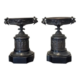 Pair of 19th Century Bronze Neoclassical Tazza Urns on Black Marble Bases