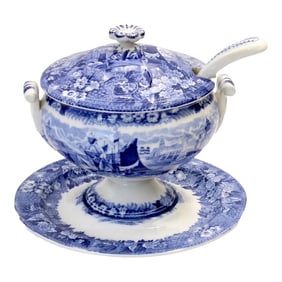 Antique Wedgwood "Ferrara" Transferware Sauce Tureen W/ Original Ladle