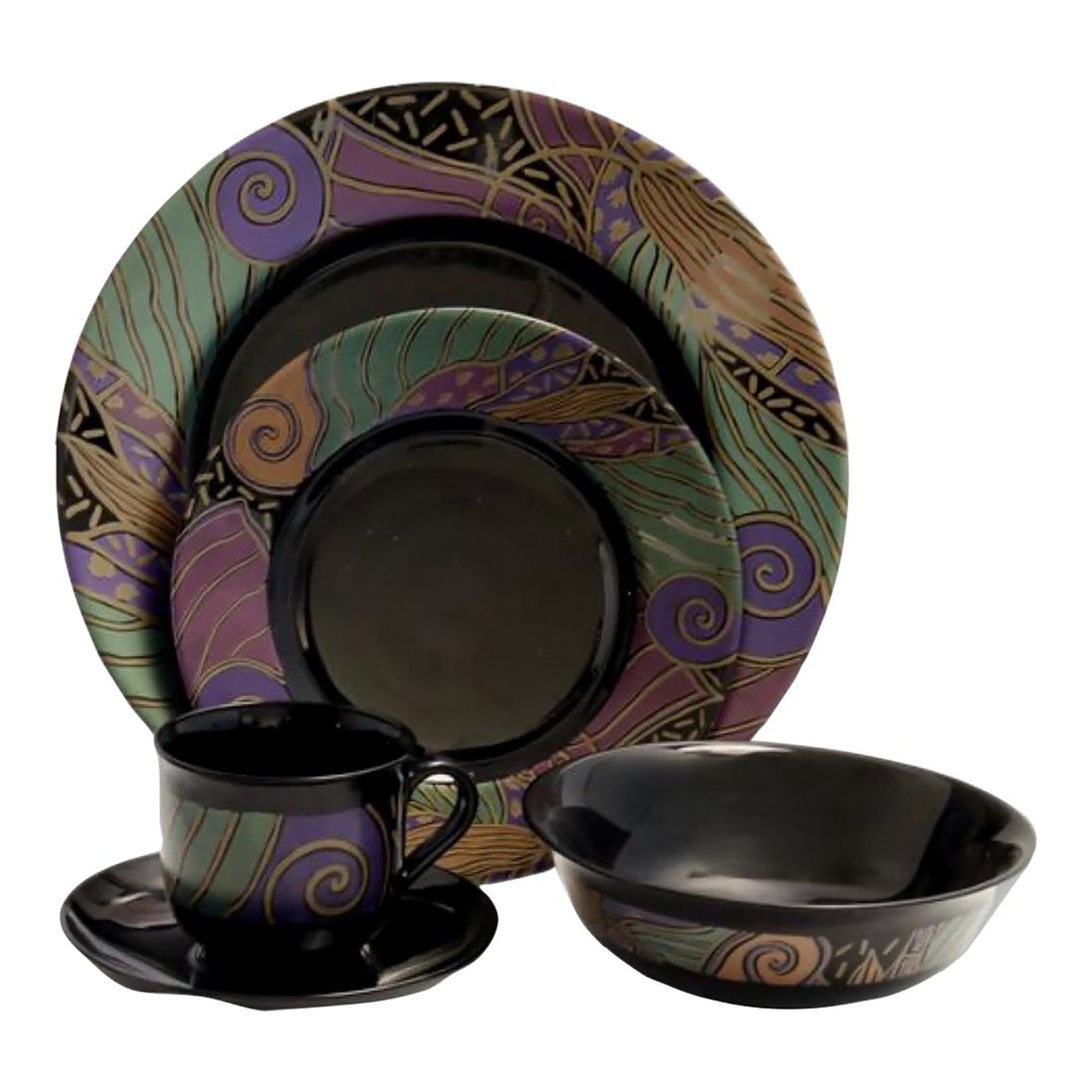 1980s French Arcoroc "Tampico" Glass Dinner Service for 12: A striking 1980s French Arcoroc "Tampico" glass dinner service, distinguished by its vibrant geometric pattern and sculptural clarity. This complete service for twelve includes dinner and salad plates