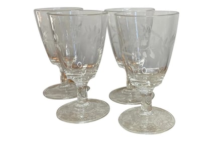1960s Mid-Century Floral Etched Wine Glasses - Set of 4