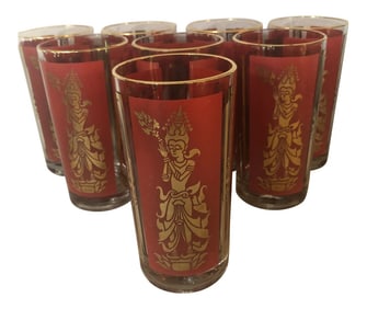 Mid-Century Federal Glass Red & Gold Thai Siam Dancer Motif Highballs - Set of 8
