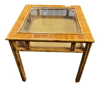 Vintage Drexel Captiva Faux Bamboo Woven Rattan Glass Top Side Table
