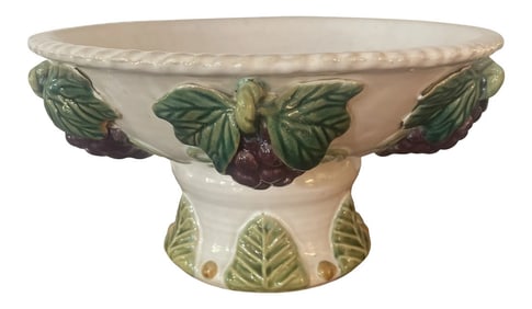 Vintage Majolica Grapes and Leaves Pedestal Bowl