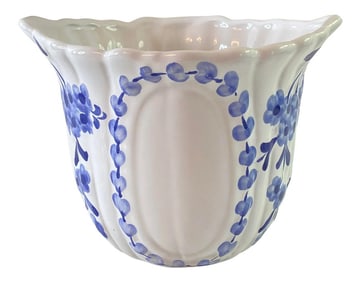 1990s Jay Wilfred for Andrea by Sadek Petite Blue & White Portuguese Fluted Porcelain Cachepot