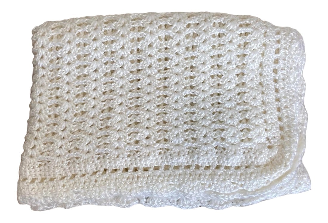 Vintage White Crocheted Rectangular Baby Blanket (1 of 8)