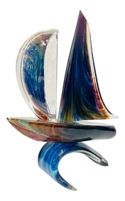 2015 Italian Yellow Blue Brown Crystal Murano Glass Boat Modernist Art Sculpture