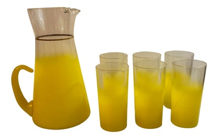 1960s Mid-Century Modern Blendo West Virginia Specialty Glass Co. Pitcher & Glasses Set- 7 Pieces
