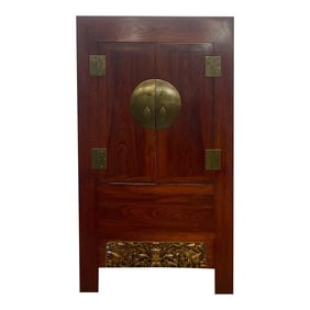 Antique Chinese Qing Dynasty Solid Elm Red Lacquer Wedding Armoire