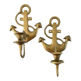 1980s Vintage Brass Anchor Candle Sconces - a Pair