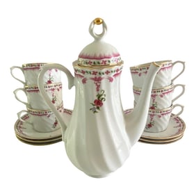 Vintage Portuguese Quinta Nova Porcelain Coffee Pot and Flat Cups & Saucers Set - 14 Pieces