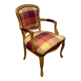 Vintage Rustic Farmhouse Maple Frame Plaid Print Bergere Accent Chair
