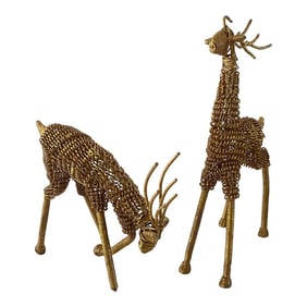 Vintage 1970s Hand Crafted Gold Brass Metal Wire Reindeer - A Pair