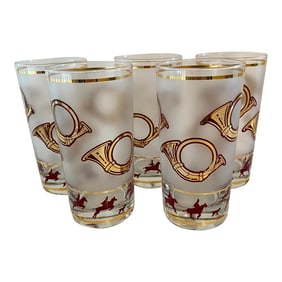 1980s Frosted Fox Hunt Equestrian Glasses - Set of 5