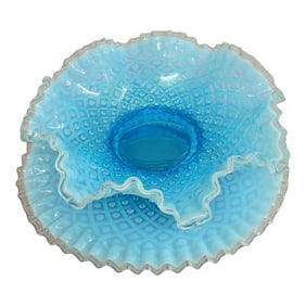 Vintage Aqua Blue Hobnail Silver Crest Fluted Glass Bowl With Underplate