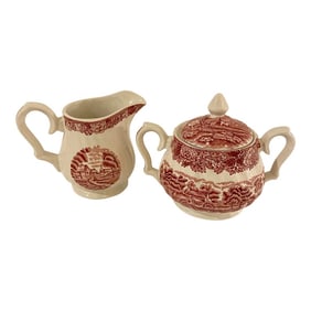 1950s Vintage Wood & Son Ceramic Swirled Country Scene Creamer & Covered Sugar Bowl