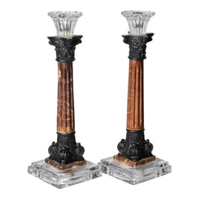 French Antique Pair of Column Marble & Glass Candlesticks/Candleholders