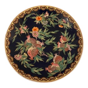 Vintage Chinese Porcelain Hand Painted Black Floral & Fruit Charger