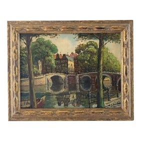 Vintage European Bridge Over River Painting in Gold Wood Frame