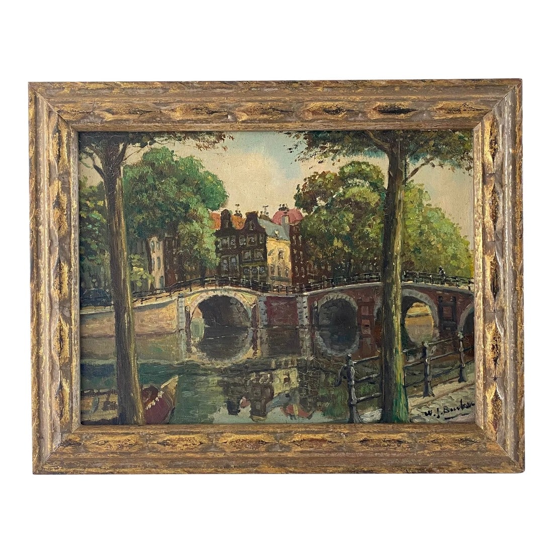 Vintage European Bridge Over River Painting in Gold Wood Frame (1 of 10)
