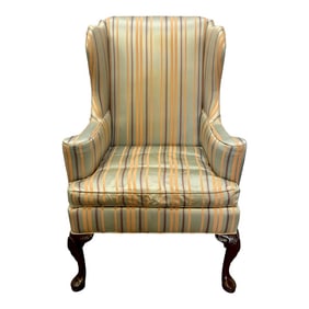 Vintage Hickory Chair Traditional Chippendale Style Striped Silk Wingback Chair