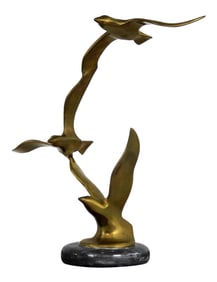 Mid Century Modern Brass and Marble Birds in Flight Sculpture in the Style of C. Jere