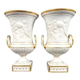 1950s Vintage Sandizell Hoffner & Co Dresden Porcelain Trophy Pedestal Vases - a Pair