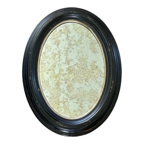 Vintage Italian Handcrafted Mirror - Oval Wall Mirror With Distressed Black Wood, Gold Trim & Spec