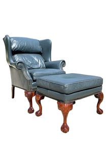 1980s Slate Blue Leather Wingback Chair and Matching Ottoman - Ball and Claw Feet, Cabriole Legs,