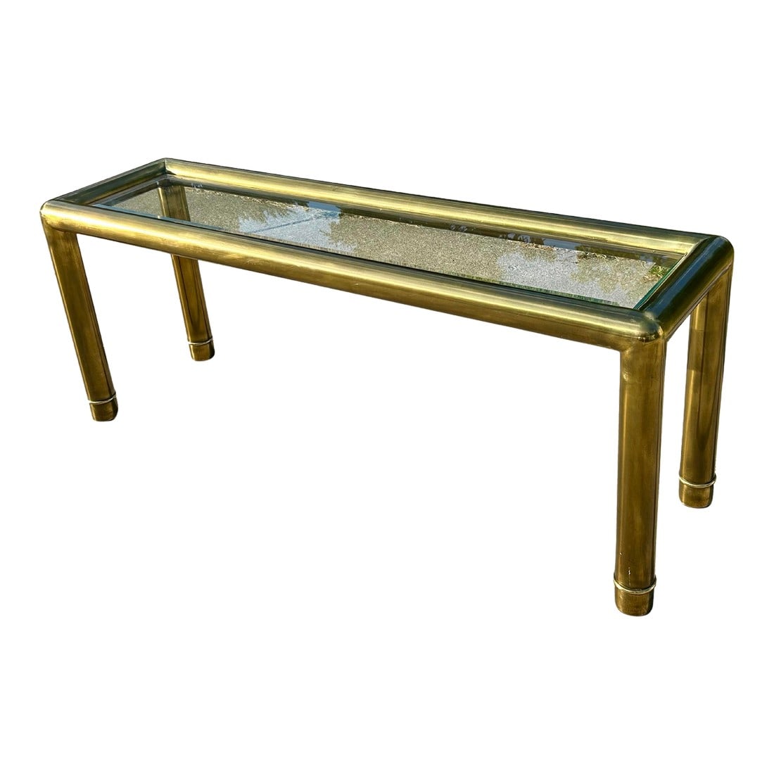 1980s Vintage Mastercraft Attributed Brass Console Table With Beveled Glass Top: Vintage Mastercraft Attributed Tubular Brass Console Table with Beveled Glass Top Elevate your space with this striking vintage console table attributed to Mastercraft, featuring a sleek and timeless