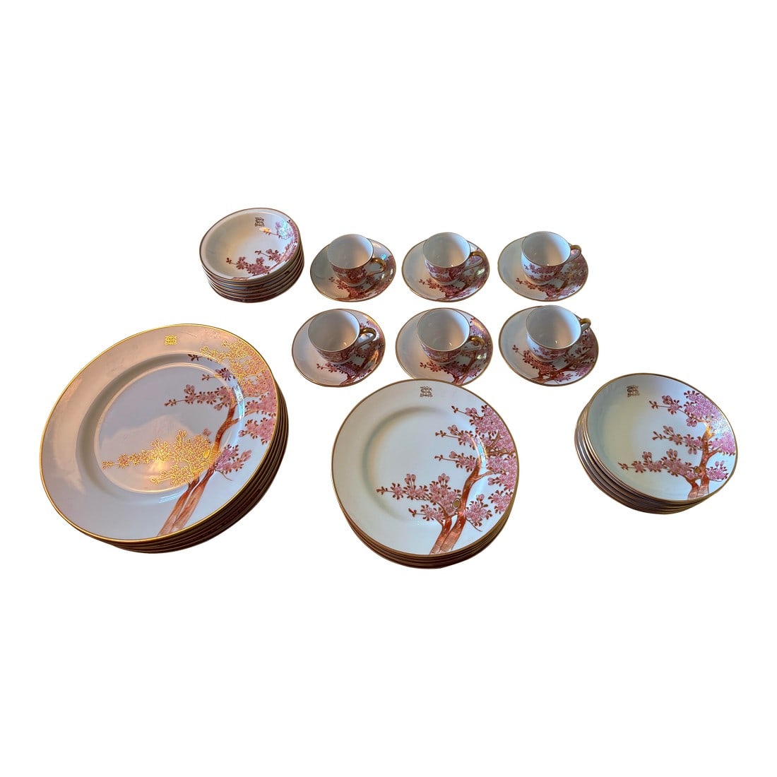 Vintage Dinnerware Set for 6 Featuring Hand Painted and Gilted Cherry Blossoms by Soko China - 36 Pi: Exquisite vintage fine china set featuring hand-painted gilded Cherry blossoms. The set includes 6 each of the following: (1) dinner plates, (2) salad plates, (3) berry/dessert bowls, (4) bread/sauce