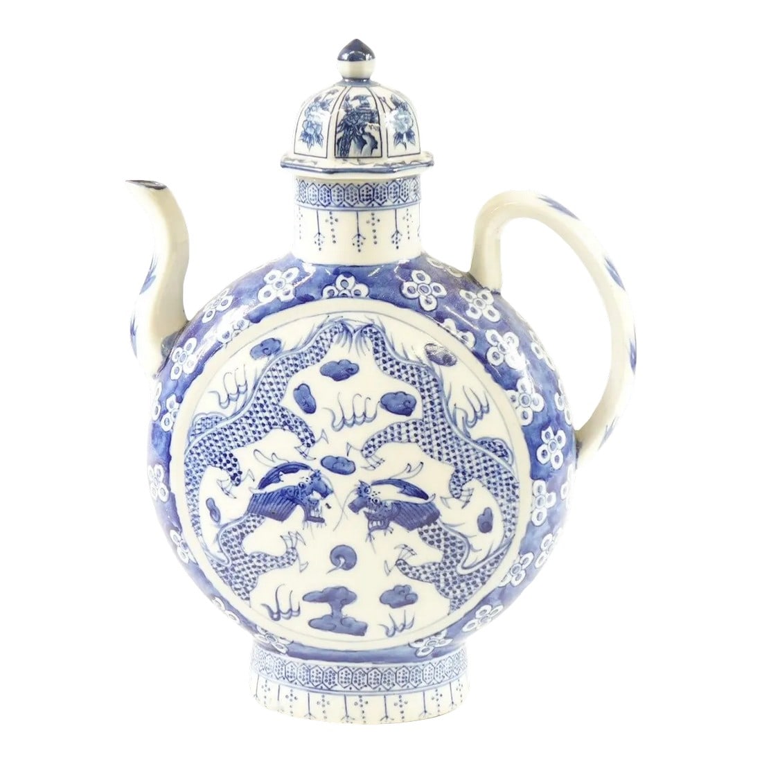 19th Century Chinese Blue and White Porcelain Teapot With Marking on the Bottom: This elegant moon flask-style Chinese teapot is a captivating example of traditional blue and white porcelain artistry. The body is adorned with two imperial dragons chasing a flaming pearl amid swirl