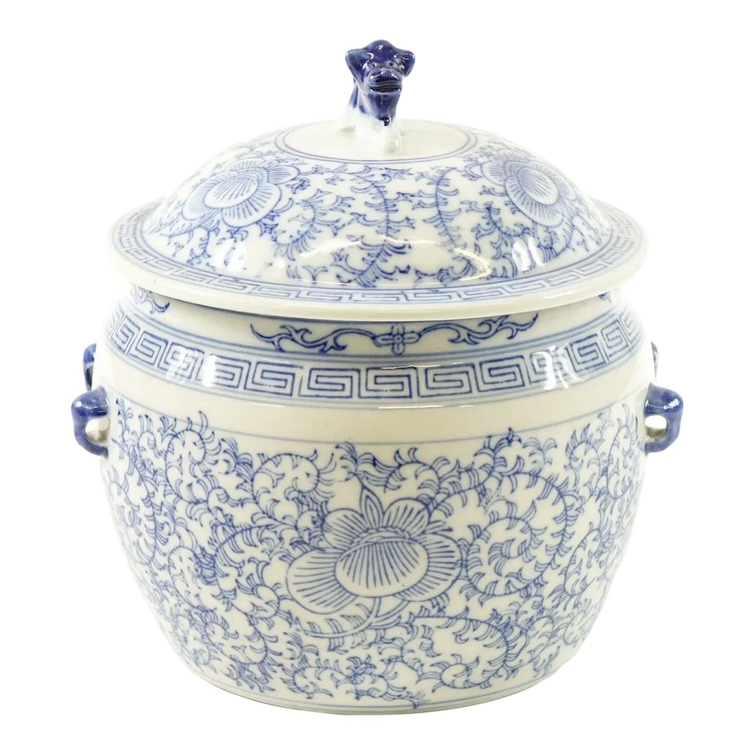 1960s Chinese Blue and White Porcelain Jar with Lid: Chinese Blue and White Porcelain Jar w/ Lid - 7.5" x 7.5" x 9" Condition: Alterations: Original Condition Unaltered Imperfections: Some Imperfections Condition Notes: Good condition Dimensions: Height