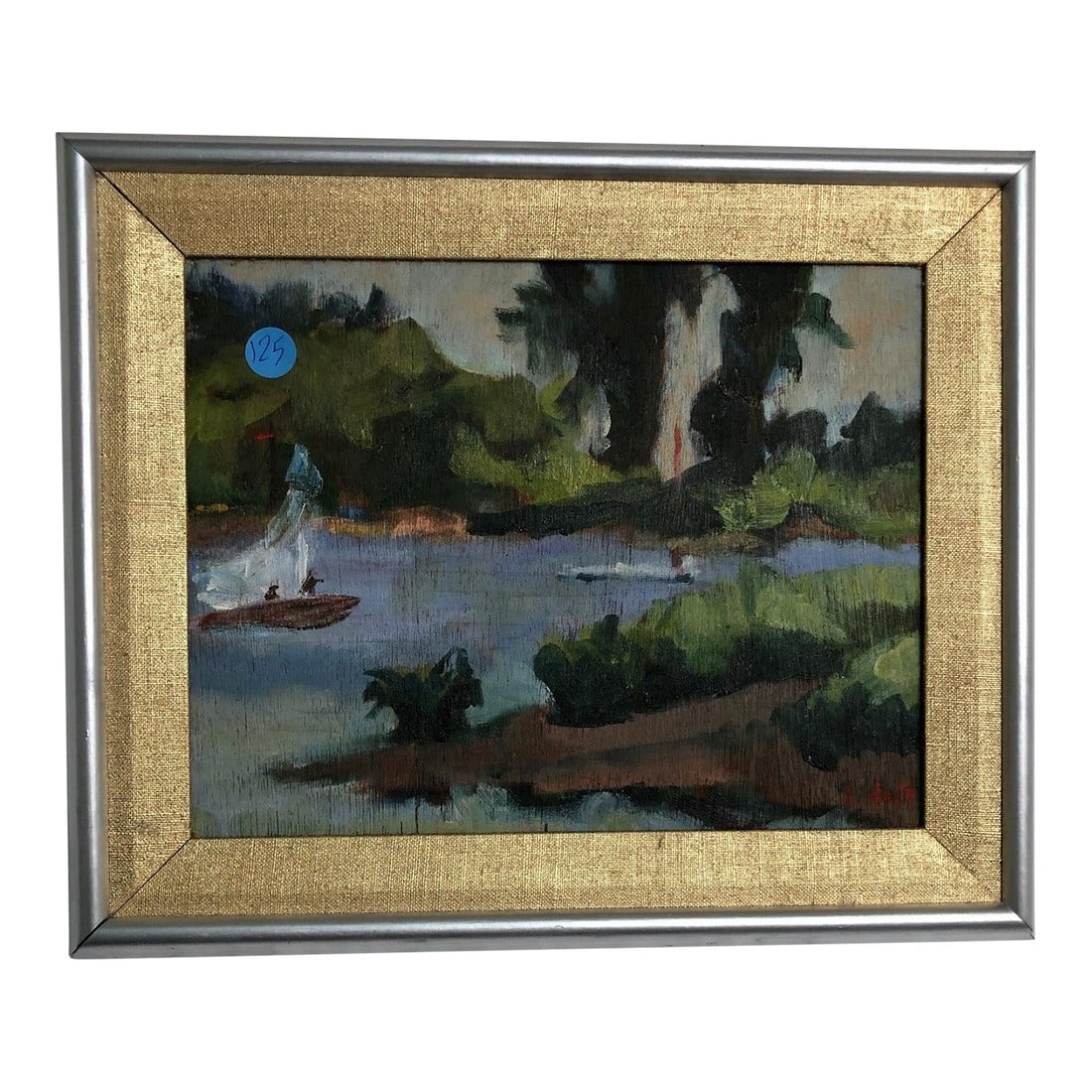 Whispers Along the River Early 20th Century - Oil on Board Signed at the Bottom, Framed: This charming oil on board landscape painting captures a tranquil river scene brought to life through expressive brushwork and rich earthy tones. A figure in a small boat gently sails across calm wate