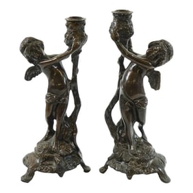 Late 19th Century Antique European Bronze Candle Holders- A Pair