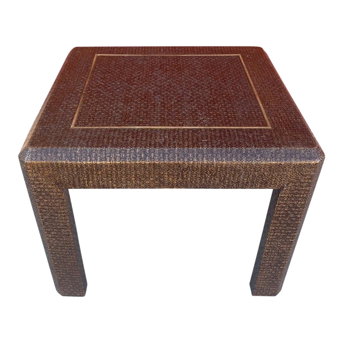 Mid 20th Century Harrison Van Horn Style Brown Lacquered Raffia Side Table with Brass Inlay (1 of 8)
