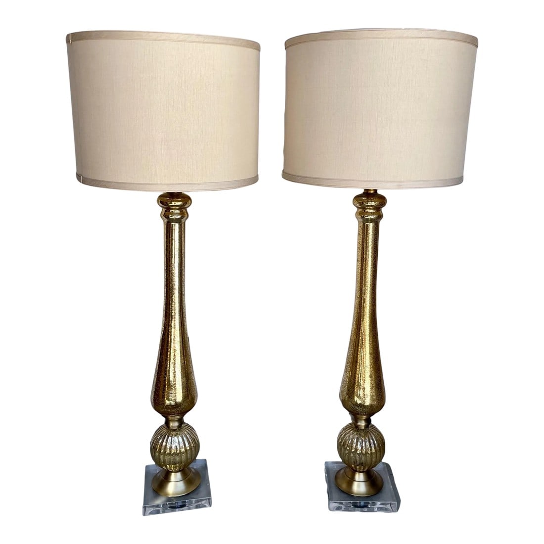 Hollywood Regency Pair of Gold Mercury Glass/Lucite Base Table Lamps (1 of 9)
