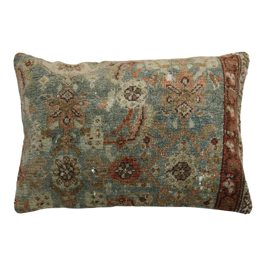 Aqua Antique Lumbar Size Pillow: Pillow made from an early 20th century persian rug with cotton back. Zipper closure and foam insert provided. 16'' x 23'' Condition: Alterations: Original Design Modified Imperfections: Some Imperfect
