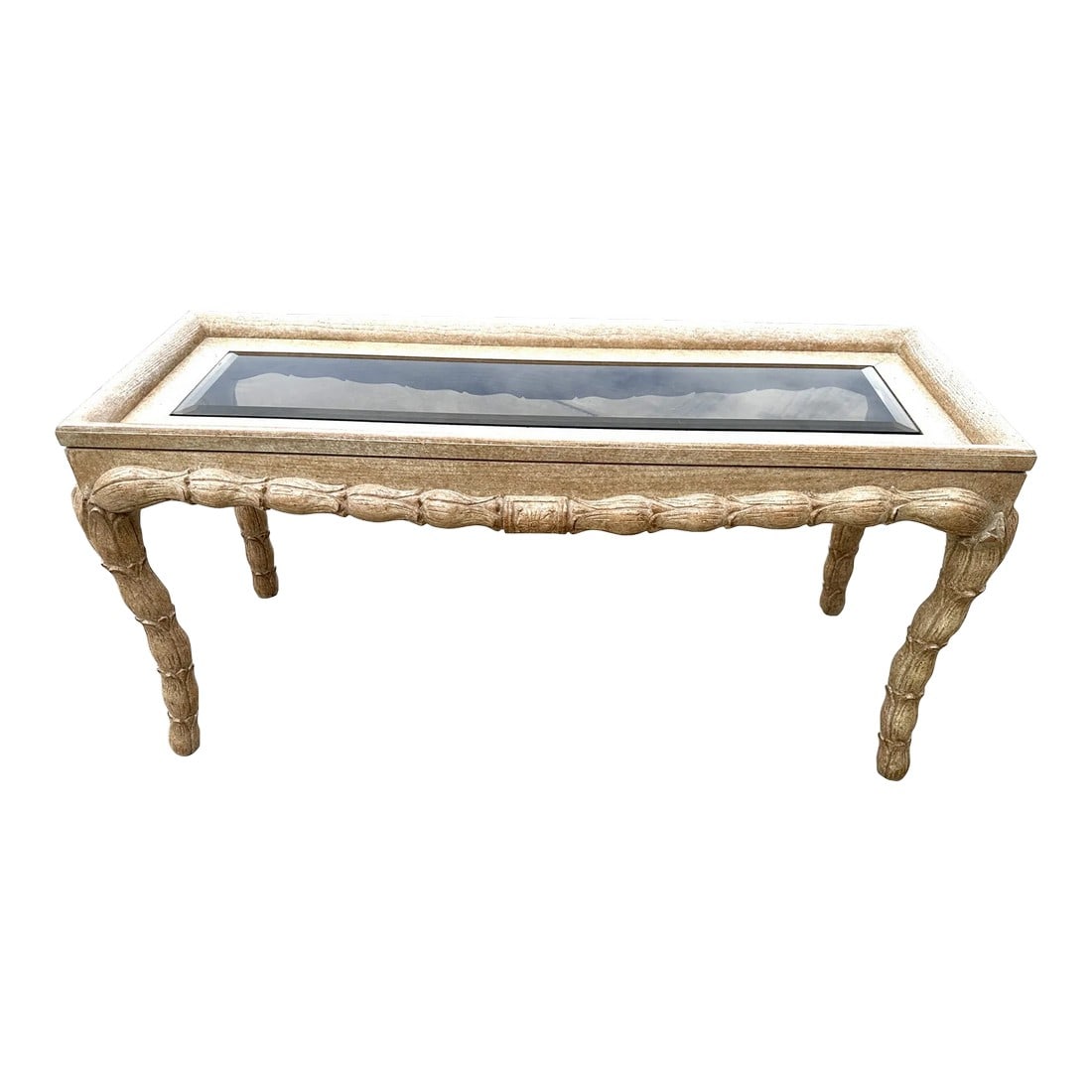 Kreiss Style Carved Flower Petal Leg Console Table: Kreiss Style Carved Wood Flower Petal Leg Console Table in Beige/Cream Color with a smoked glass insert. Perfect for the entry. Light weight 55in w x 27in h x 20in d Glass-43.5in w x 9.5in d Make sure