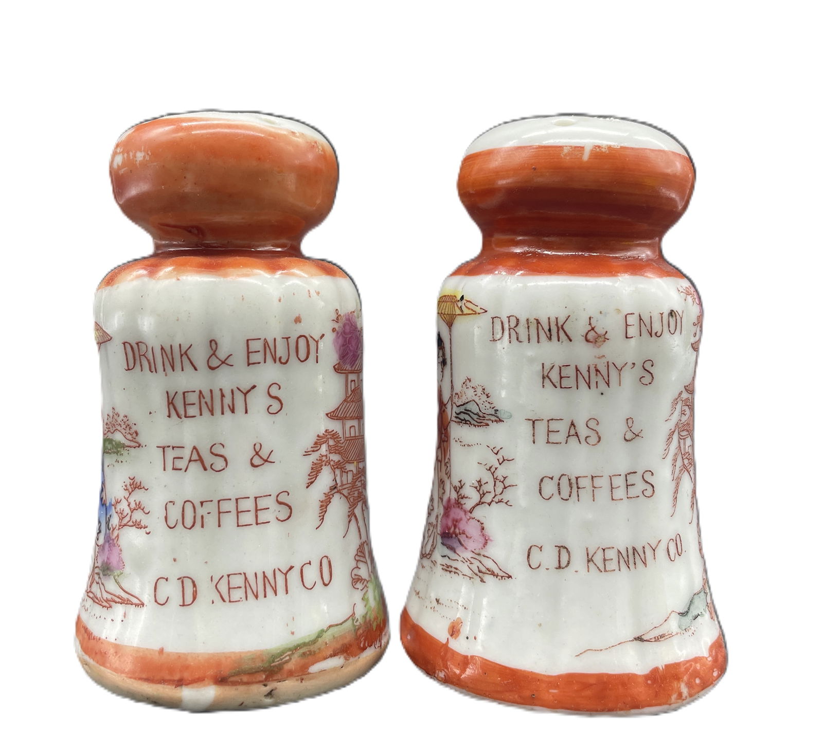 Old AD Premium Salt & Pepper Shakers C D Kenny Coffee Tea Oriental Design Geisha (1 of 8)