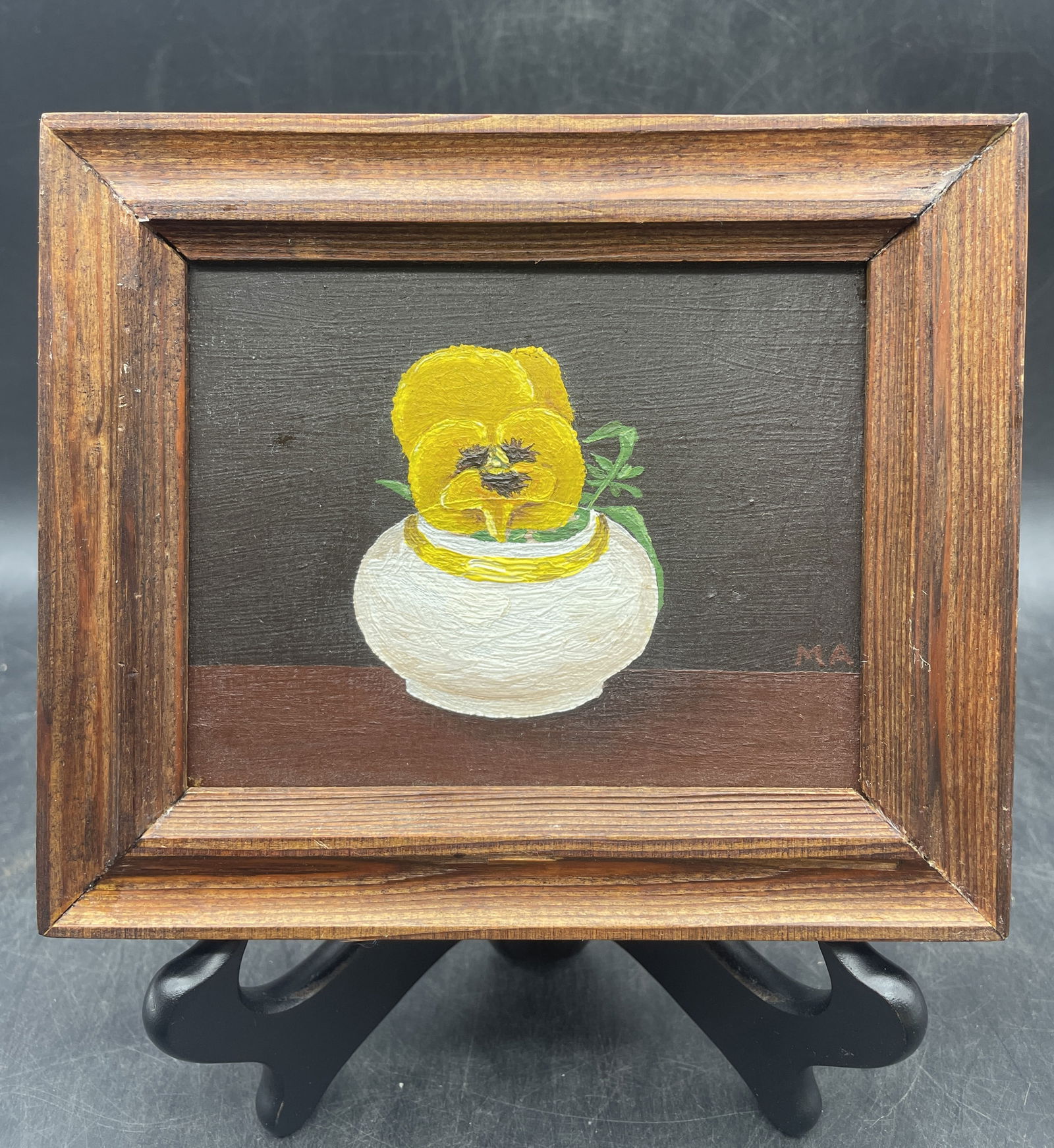 Miniature Primitive Painting Flower Signed M A. Oil on board (1 of 8)