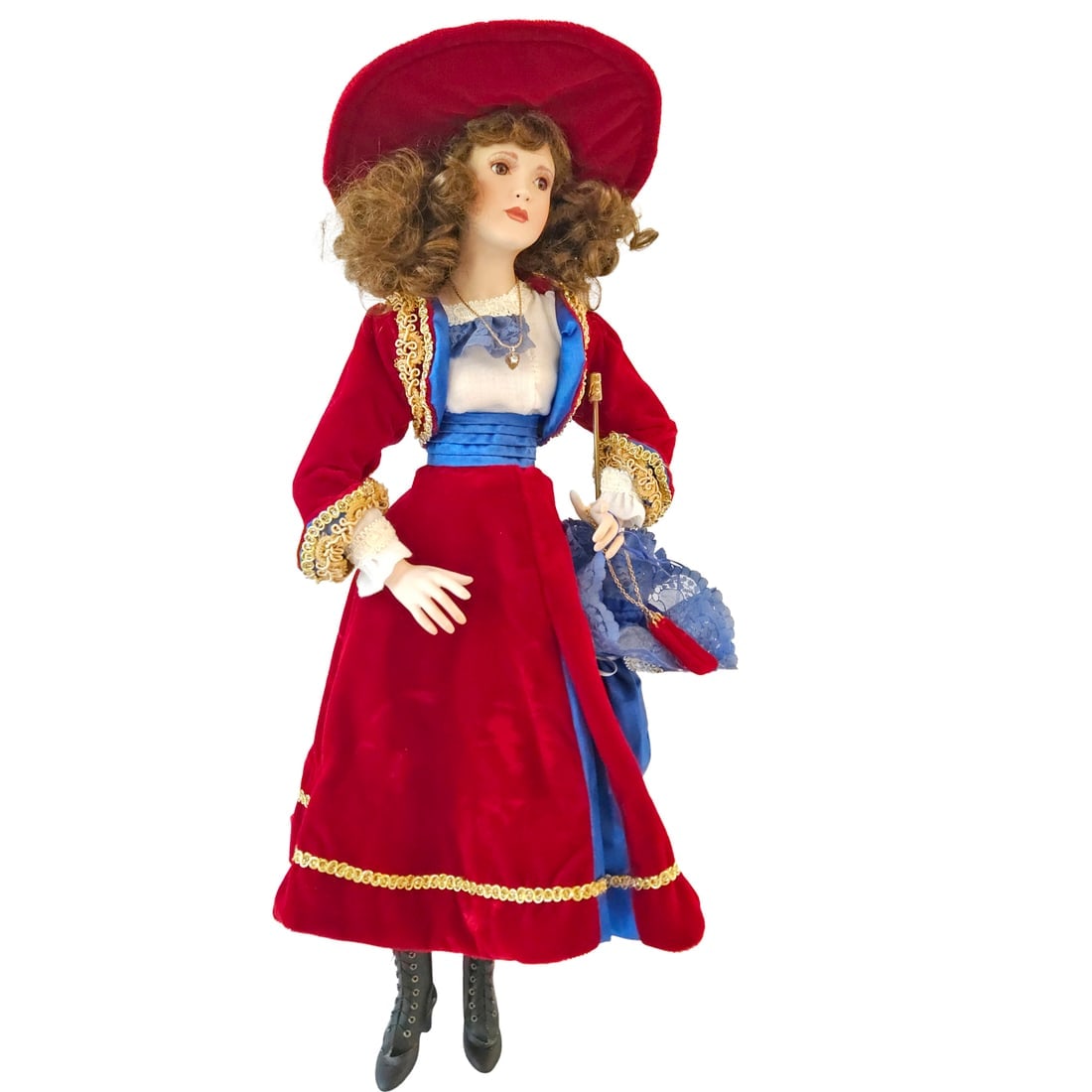 Paradise Galleries 19" Victorian Porcelain Collector Doll with Parasol, Hat & Stand: Title: Paradise Galleries 19" Victorian Porcelain Collector Doll with Parasol, Hat & Stand Description: Hand Crafted of Fine Bisque Porcelain with Soft Cloth Body. Hand Painted Features & Hand Tailore