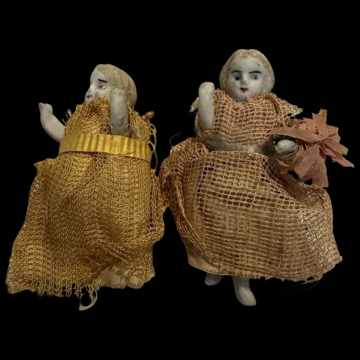 Pr German all Bisque Doll house dolls 2 1/4" jointed arms and legs Factory Original: Pr German all Bisque vintage 2 1/4" jointed arms and legs Factory Original Shipping: Domestic: Flat-rate of $7.00 to anywhere within the contiguous U.S. International: Foreign shipping rates are deter