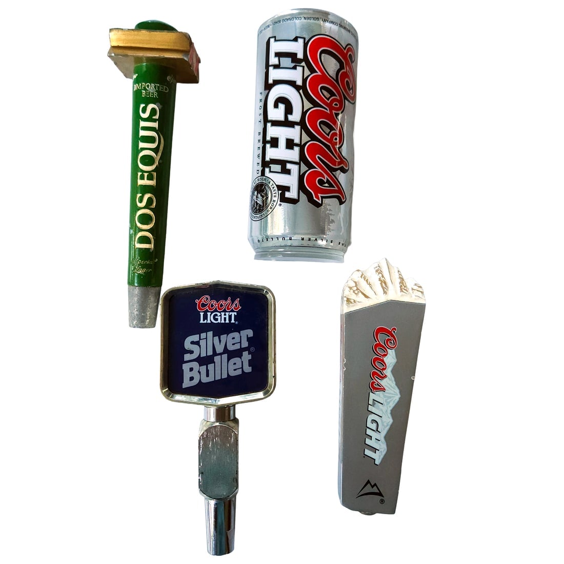 Assorted Beer Tap Pull Handles: Title: Assorted Beer Tap Pull Handles Description: Dos Equis XX Cerveza Lager Especial Lager Imported Beer - Wood Coors Light Silver Bullet – Aluminum Coors Light Mountain Peaks - Acrylic New ol