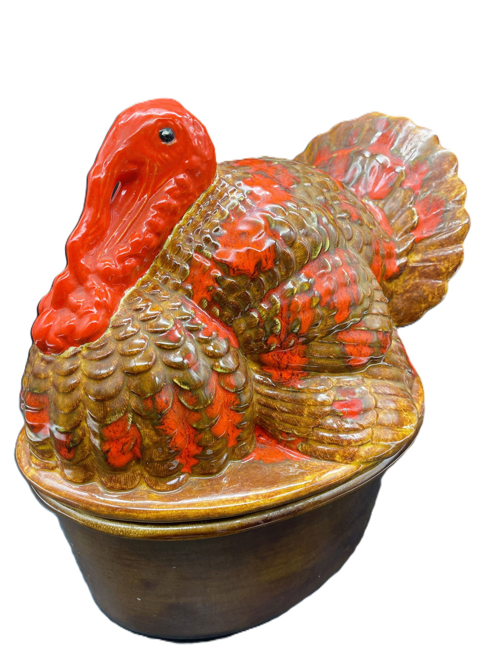 Vintage Thanksgiving TURKEY Tureen Serving Dish: Title: Vintage Thanksgiving TURKEY Tureen Serving Dish Date/Period: Dimension: approx: 9.5" tall x 10" x 7.5 Material: ceramic Additional Information: Vintage Thanksgiving TURKEY IN A BASKET Tureen Se