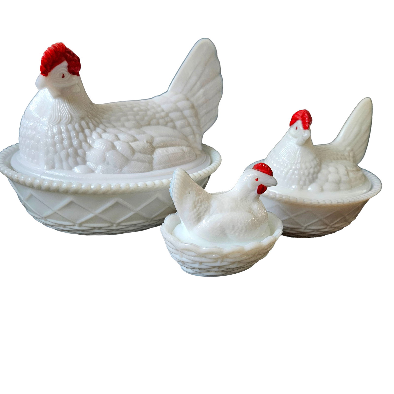 Set of 3 Milk Glass Westmoreland Hen on Nest Red on White Circa 1950's: Title: Set of 3 Milk Glass Westmoreland Hen on Nest Red on White Circa 1950's Description: Set of 3 Milk Glass Westmoreland Hen on Nest Red on White Circa 1950's All bases and lids are hallmarked with