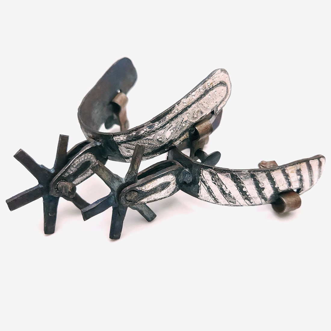 Vintage Mexican Charro Double Mounted Silver Overlay Western Cowboy Spurs (1 of 7)