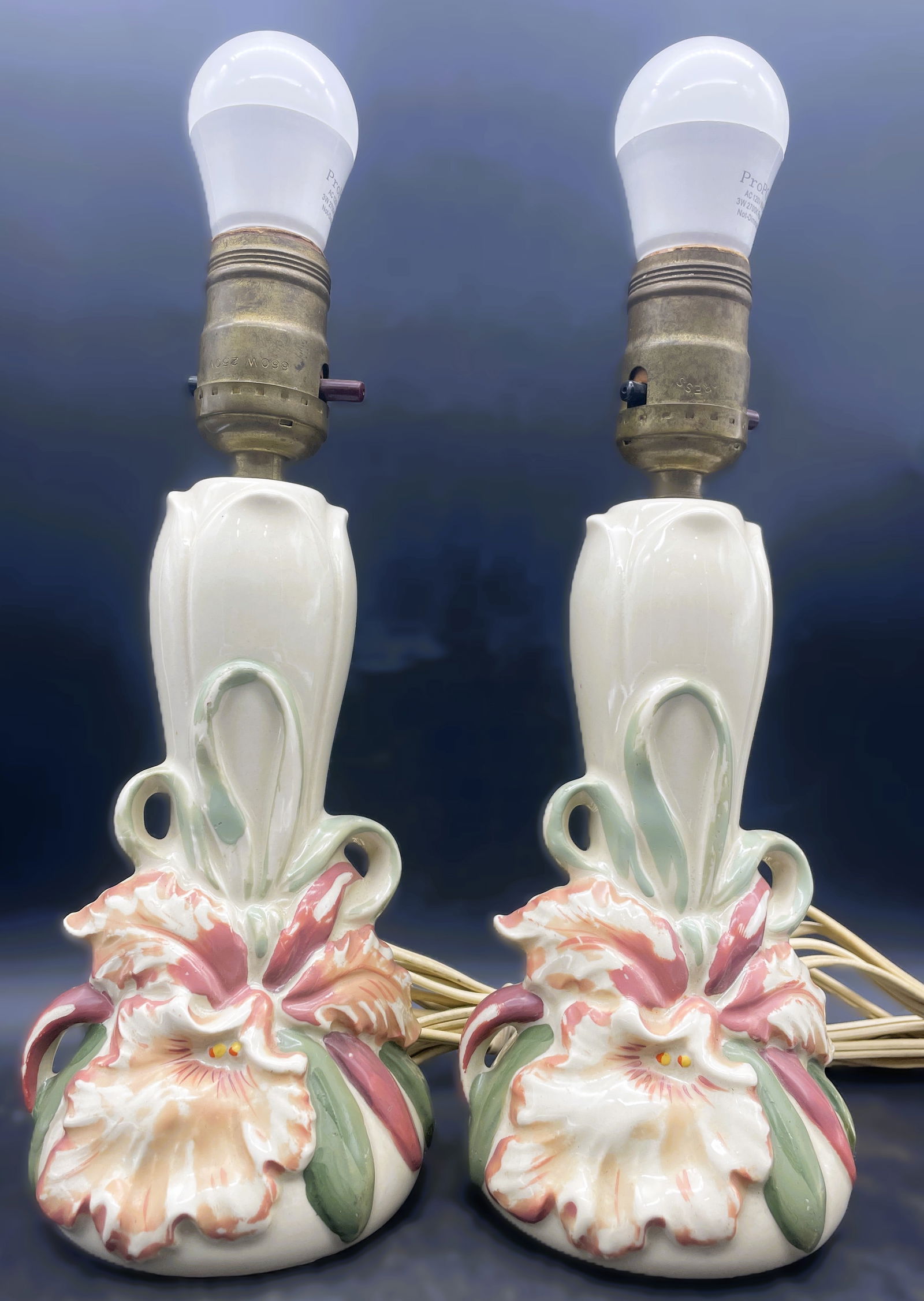 Pair of Vintage WILLIAM F.B. JOHNSON ORCHID Hand Painted Vanity /Dresser Lamps: Title: Pair of Vintage WILLIAM F.B. JOHNSON ORCHID Hand Painted Vanity /Dresser Lamps Date/Period: approx. 1940's Dimension: approx 10 x 4 Material: CERAMIC Additional Information: Pair of Vintage WIL