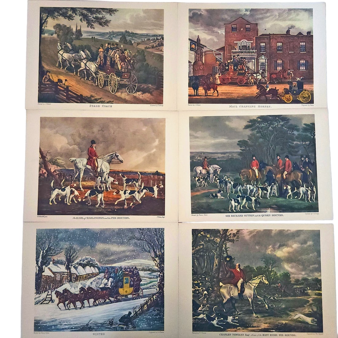 Set of 6 Lithographic Prints Circa 1940 depicting Fox Hunt and Stage Coach Carriages: Title: Set of 6 Lithographic Prints Circa 1940 depicting Fox Hunt and Stage Coach Carriages Description: F C Turner "Charles Newman Esq Master of the East Essex Fox Hounds" Engraved by WM Barnard Sir 
