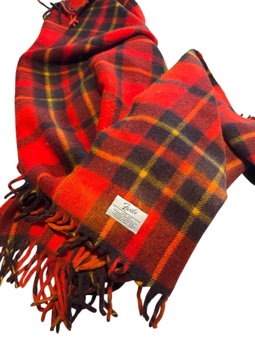 Vintage Faribo Wool Blanket Lap Stadium Throw Red Black Plaid Fringe 51x40” Nice (1 of 5)